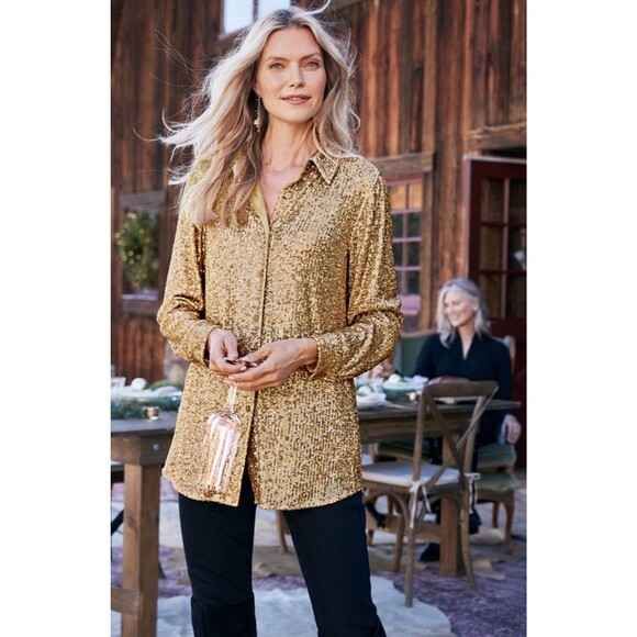 Soft Surroundings Sancerre Sequin Shirt Gold Button Up Petite Large 3GB2650802 - Picture 1 of 13